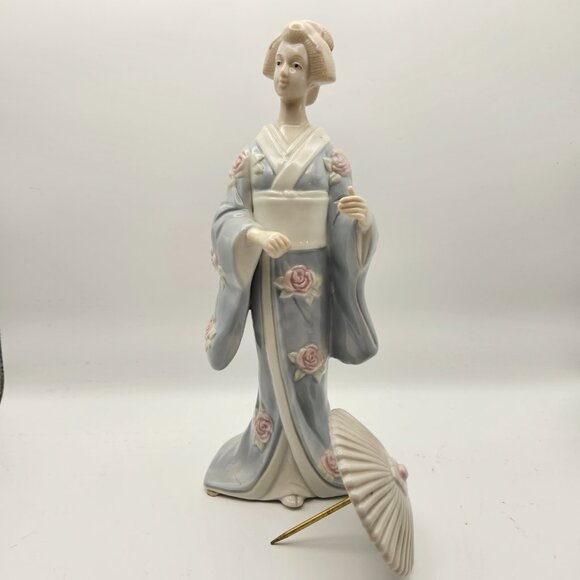 Vintage Porcelain Geisha Figurine w/ Parasol – Blue Kimono, Roses - Picture 2 of 8
